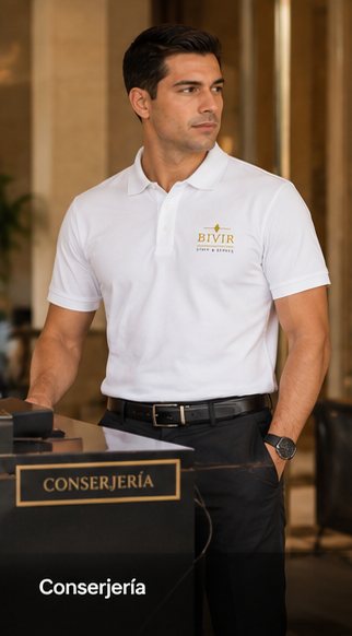 Conserje BIVIR con uniforme blanco en su puesto