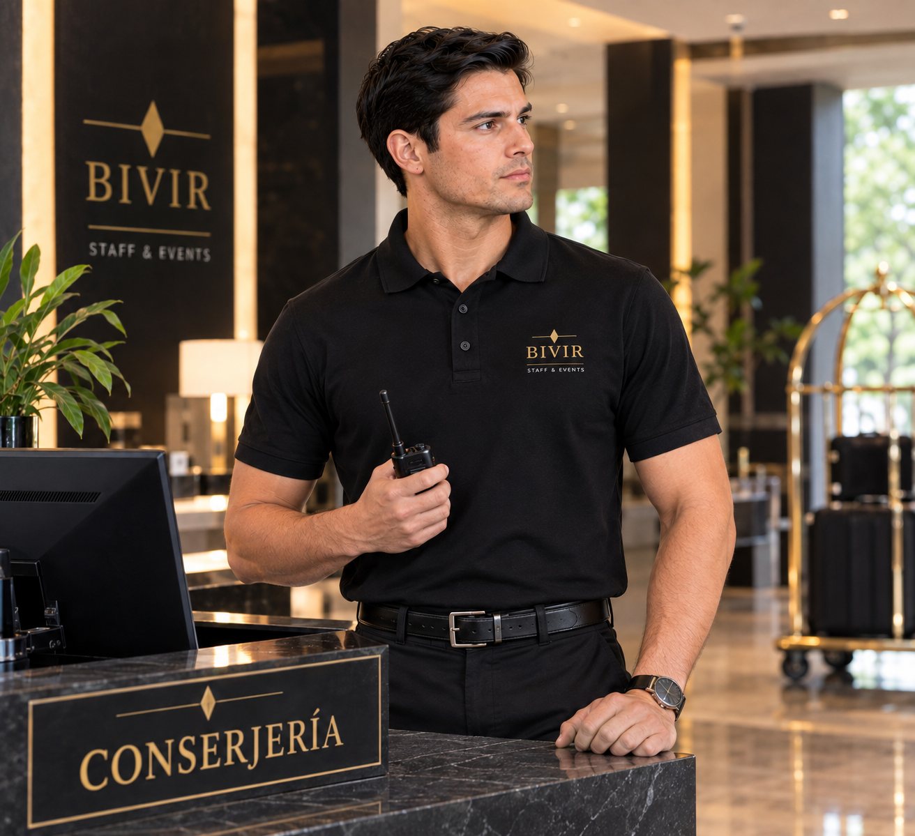 Profesional de conserjería con uniforme BIVIR en la recepción de un edificio